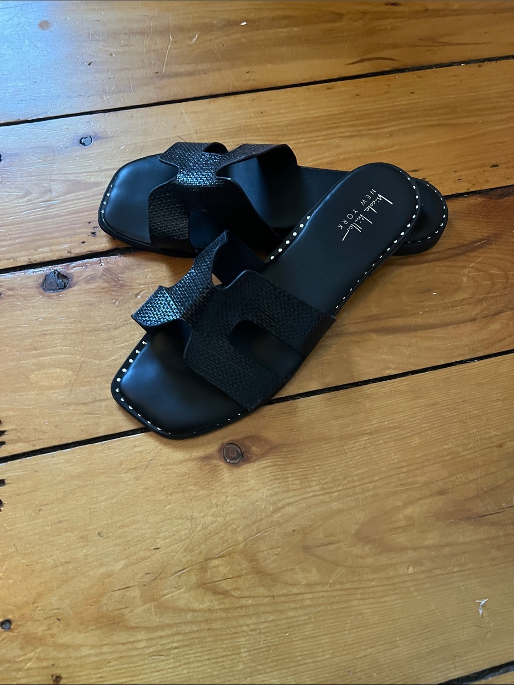 Nicole Miller Black Textured Double-Strap Slide Sandals
